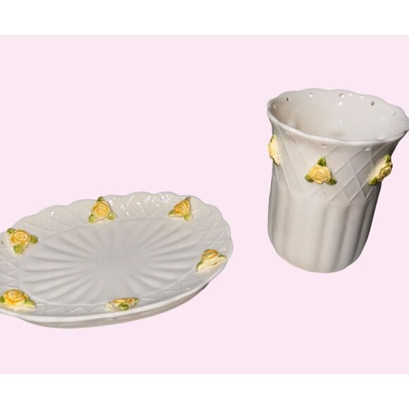 Jakson Japan Yellow Eyelet Rose Soap Dish & Tumbler Set Ceramic Floral Design - Picture 2 of 12